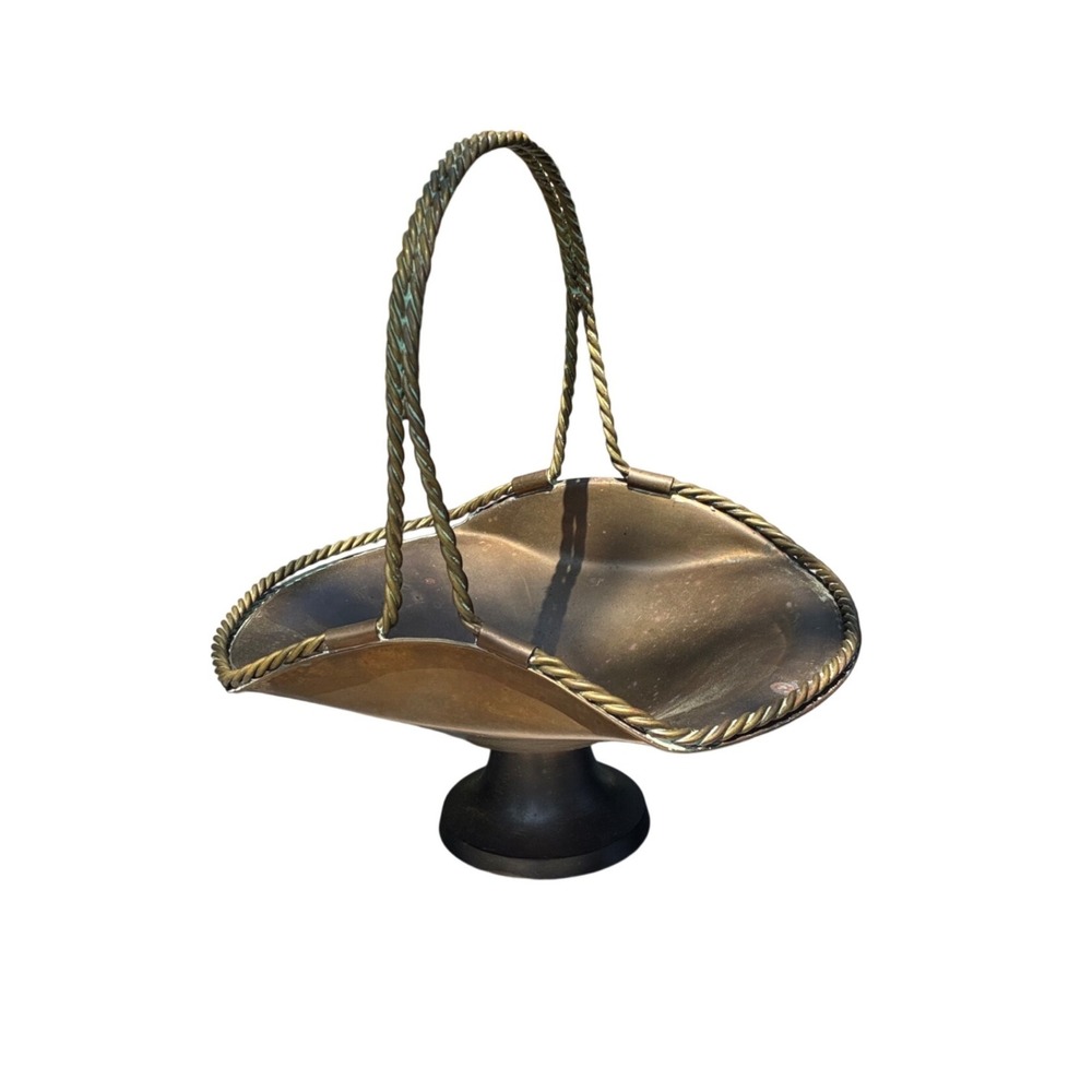 Brass Basket Vintage twisted rope handle and rim MCM Cottage Farmhouse Decor